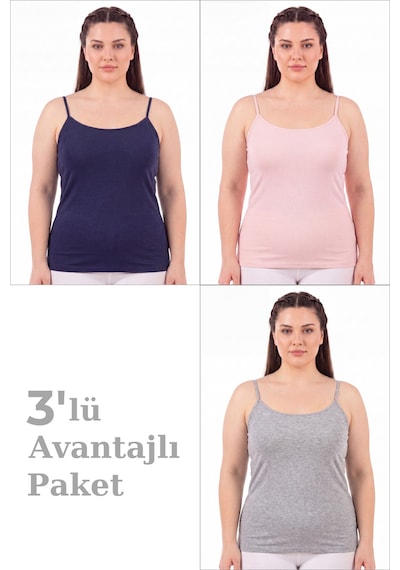 Arma Yıldız Kadın Büyük Beden İp Askılı Atlet Pamuklu Likralı Yumuşak Esnek Kumaş 3'lü Paket Pembe Gri Laci