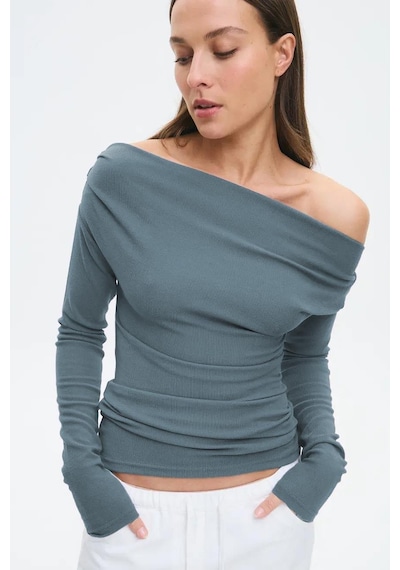 Madmext Füme Kadın Off Shoulder Uzun Kollu Bluz Mg2567 Füme