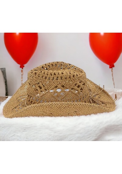 Shopiolog Geniş Kenarlı Etnik Dokulu Uv Korumalı Hasır Kovboy Şapka Camel