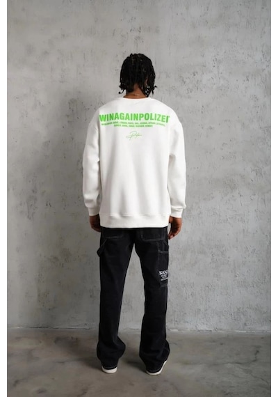 Erkek Oversize Sweatshirt Ön Ve Sırt Baskılı 3 İplik Pamuklu - Beyaz