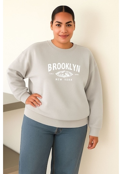 Benroma 3 İplik Penye Brooklyn Baskılı Unisex Sweatshırt Gri