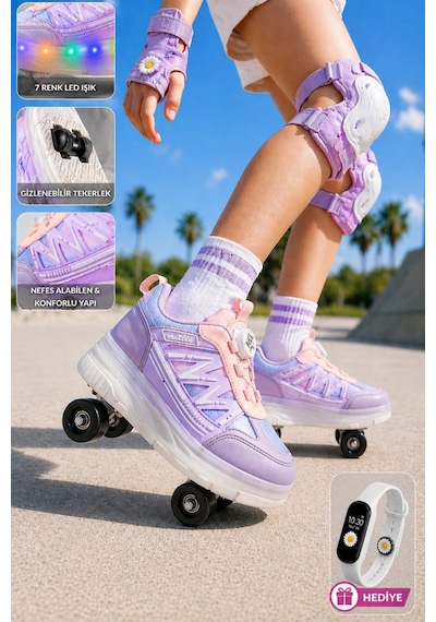 Muggo Skate Çocuk Işıklı Patenli Tekerlekli Sneaker Spor Ayakkabı Lila