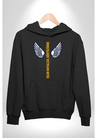Uçan Hayaller Gökyüzünde Melek Kanatları Kadın Erkek Siyah Kapüşonlu Sweatshirt Hoodie Siyah