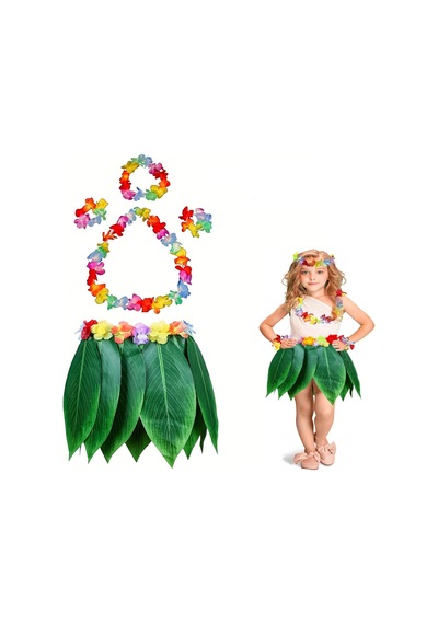 Çocuk Hawaii Kostüm Seti - Yaprak Etek & Hawaii Set - 5 Parça