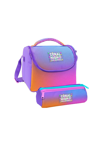 Coral High Kız Çocuk Turuncu Mor Renk Geçişli Thermo Beslenme Çantası Ve Üç Bölmeli Kalemlik Seti Mor - Turuncu