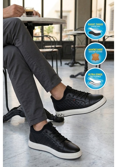 Voyager Siyah Hakiki Deri Kroko Desenli Rahat Şık Erkek Casual Ayakkabı Sneaker 6424-1 M