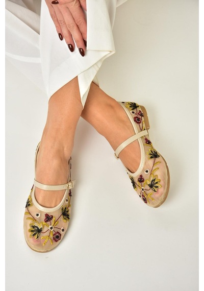 Fox Shoes U267853215 Bej File Çiçek Motifli Kadın Babet Bej-file Bej