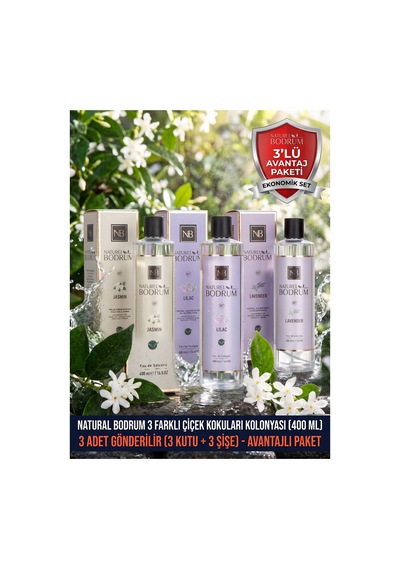 Bodrum Çiçek Bahçesi 3'lü Kolonya Seti 400 Ml Dökmeli Kapak Jasmin + Lilac + Lavander 80