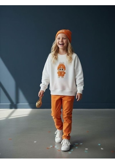 Kız Çocuk Pamuklu Karakter Baskılı Oversize Tasarım Sweatshirt-16454 Beyaz