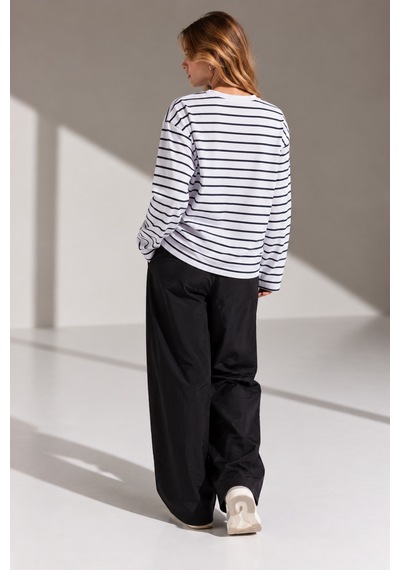 Wild Bee Kadın Siyah Beyaz Çizgili Pamuklu Bisiklet Yaka Oversize Bluz