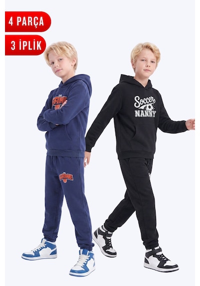 Fyk Kids 3 İplik Baskılı Kışlık Kanguru Cepli Kapüşonlu Erkek Çocuk 2'li Eşofman Takımı 4 Parça Lacivert-siyah