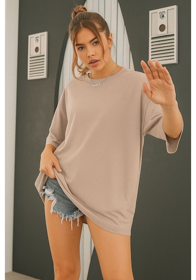 Düz Oversize Unisex Tişört Ycb1 Bej