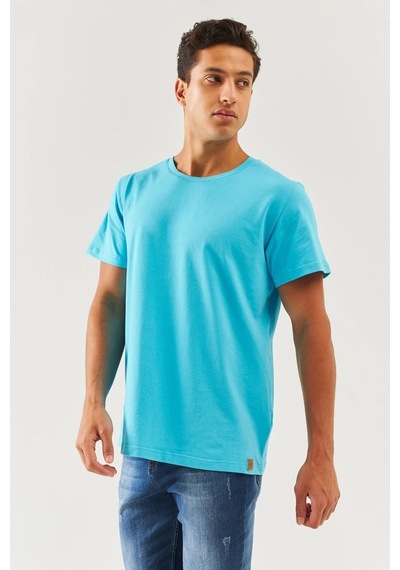 Erkek Oversize Rahat %100 Pamuklu Penye Bisiklet Yaka Kısa Kol Basic T-shirt Aqua