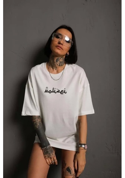 Bisiklet Yakalı Sırt Baskılı Oversize T-shirt - Beyaz