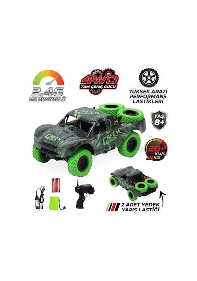 Şarjlı Uzaktan Kumandalı Araba 4x4 Yüksek Hızlı Drift Ve Arazi Aracı 2.4ghz 1:20 Yedek Lastikli Yeşil