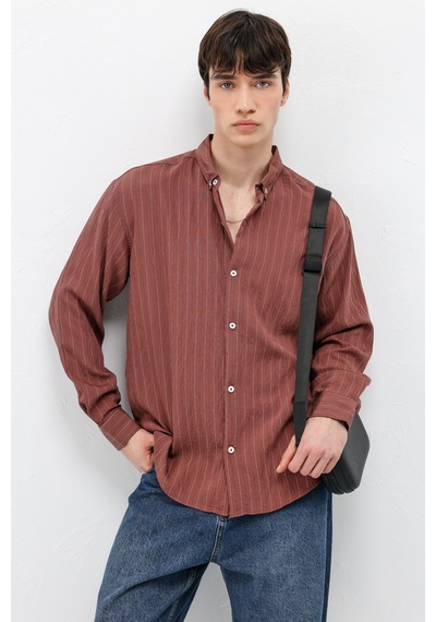 Vamos Çizgili Lyocell Kumaş Oversize Gömlek Bordo
