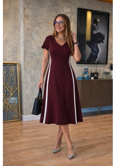 Efnaz Style Kadın Kısa Kollu V Yakalı Yanları Şerit Detaylı Viskon Iki Iplik Midi Elbise Bordo