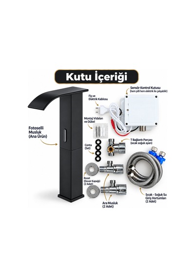 Rena Design Fotoselli Sensörlü Siyah Kare Çanak Lavabo Bataryasi Temassiz Otomatik Tasarruflu Modern Musluk