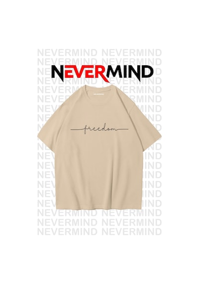 Nevermind Erkek Oversize Freedom Baskılı Erkek Tişört Yazlık Rahat Pamu Bej