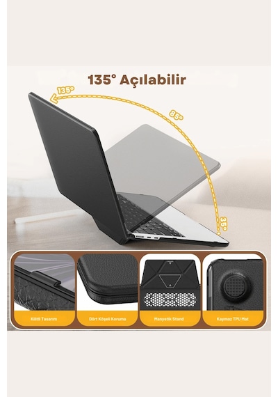 Apple  Uyumlu MacBook Air 15 15.3 İnç Standlı İnce Lüks Koruyucu Deri Kılıf Pembe