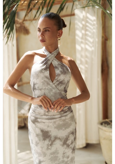 Mai Collection Mai Studios Co. Keefnes Kruvaze Gri Uzun Elbise Gri
