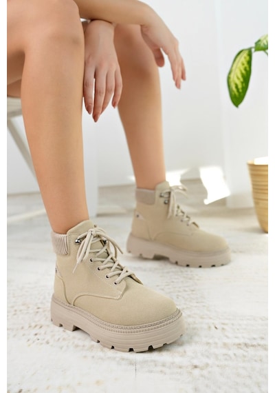Nesil Shoes Mugo 504 Ten Süet Bağcıklı Kadın Bot-ten Süet Ten