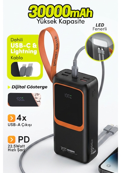 7go Gpw-08 30000mah Pd22.5w Hızlı Şarj Powerbank 4 Usb Çıkışlı, Dahili Type-c & Lightning Kablolu, Siyah