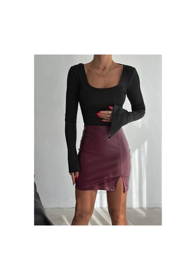 Luka Suni Deri Kumaş Beli Lastikli Yırtmaçlı Tasarım Siyah Renk Mini Etek Bordo - 791366495 Bordo