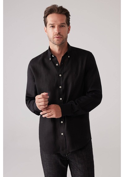 Erkek Siyah Slim Fit Yaka Düğmeli %100 Keten Gömlek