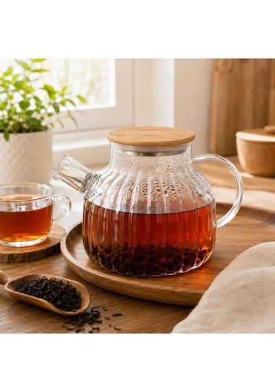 Bambu Kapaklı Kendinden Süzgeçli Borosilikat Cam Demlik 1000 Ml Isıya Dayanıklı Termisil Cam Çay, Kahve Ve Bi Diğer