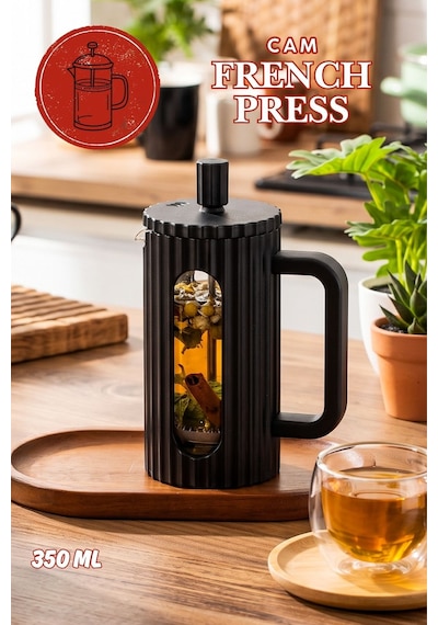 Porsima Smartpan Bv093 French Press Paslanmaz Çelik Süzgeçli Cam Bitki Çayı Demliği Kahve Presi - 350 Ml Siyah