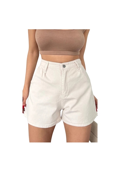 Mini Denim Şort Cepli -krem