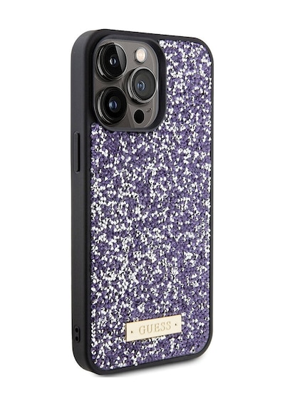 Apple Uyumlu iPhone 15 Pro Max Kılıf Guess Lisanslı Taşlı Arka Yüzey Metal Yazı Logolu Kapak Siyah