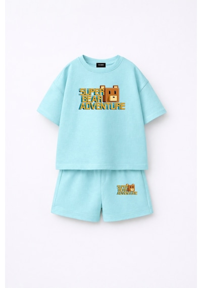 Fasardi Super Bear Adventure Süper Ayı Baskılı Oversize %100 Pamuk Tişört Şort 2li Çocuk Takım Bebek Mavi