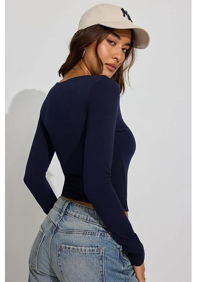 Seeh Lacivert Kare Yaka Uzun Kollu Kadın Body Sh206