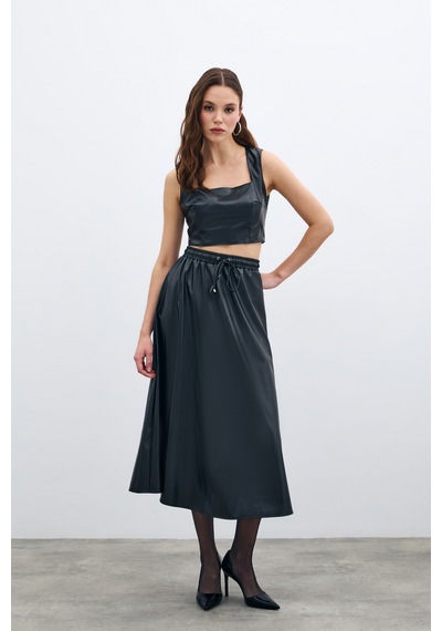 Sateen Bel Lastikli Deri Etek - Siyah-135588 Siyah