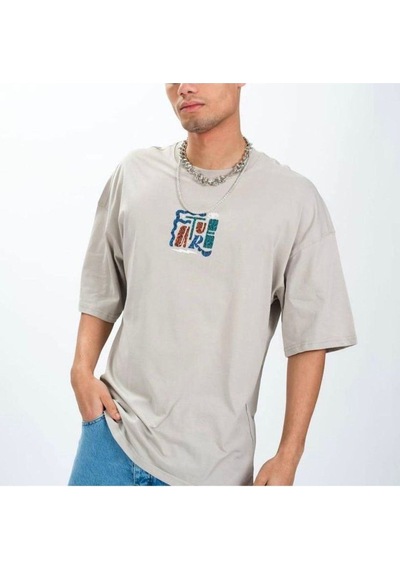 Flood Of Style Erkek Taş Future Baskılı Oversize Bisiklet Yaka Tshirt Gri