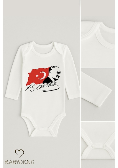 Babyden's Atatürk Temalı 3 Lü Bebek Body Seti %100 Pamuk Uzun Kollu Çıtçıtlı Zıbın Body Beyaz