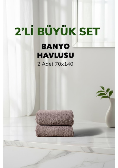 2 Li Çizgili Gri Renk Yumuşak Pamuk Banyo Havlu Seti 70x140 Cm