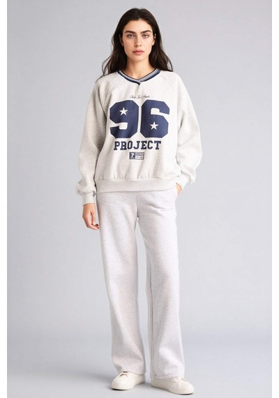 Defacto Oversıze V Yaka Baskılı Kalın Kumaş Sweatshirt G9597ax26spgr256 Gri-gr256