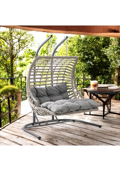 Bodrum Double Çiftli Rattan Bahçe Salıncağı Rehome Balkon Salıncağı Beyaz