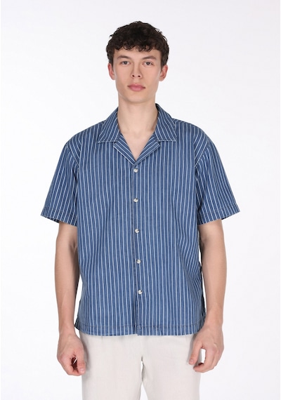 Colin's Colins Oversize Fit Klasik Yaka Çizgili Erkek Mavi Kısa Kol Gömlek Cl1075129 Q1.v1 Dn44320 Denim