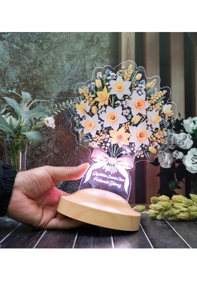 Nergis Çiçek Buketi Led Lamba, Işıklı Sarı Beyaz Nergis Lambası, Kişiye Özel İsimli Doğum Günü Hediyesi Nergis Buketi
