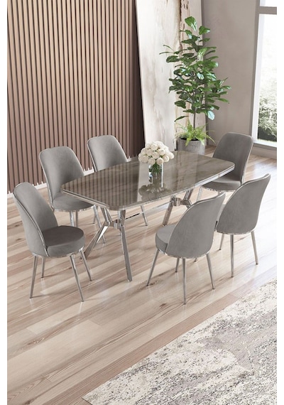 Canisa Lena Serisi 90x160 Lak Panel Antrasit İroni Krom Kaplama Ayaklı Masa Takımı Ve 6 Gri Sandalye Antrasit İroni Masa Gri Sandalye Ayaklar Krom
