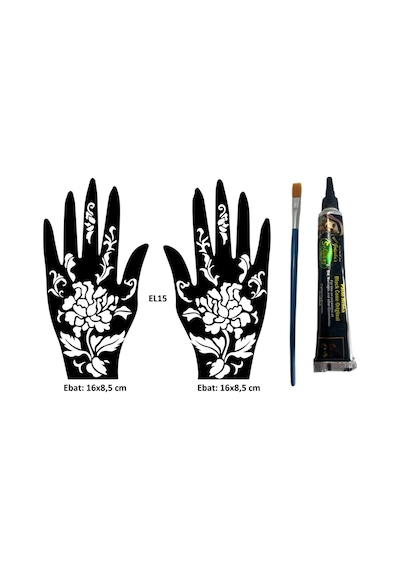 Airbrush Tattoo Büyük Çiçekler El Üstü Dövme Seti 2'li + Kına Kalıbı Siyah + Fırça