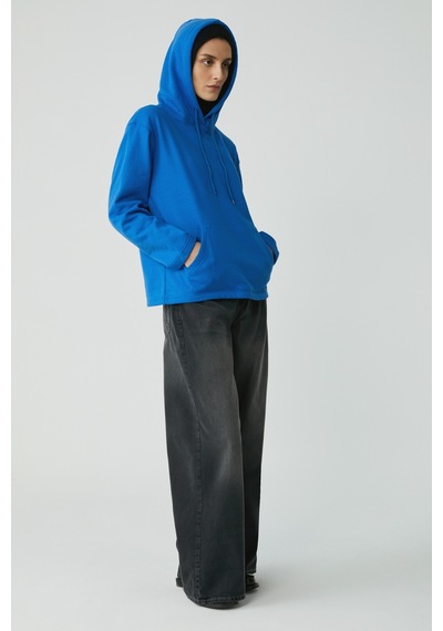 Ethıquet Pıper Kadın Içi Polarlı Yumuşacık Comfort Fit Kapüşonlu Kanguru Cepli Saks Mavi Sweatshirt