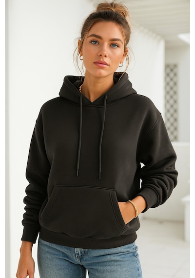 Kadın Antrasit Kanguru Cepli Kapüşonlu Scuba Sweatshirt Antrasit