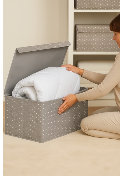 Serstil Mega Boy Kapaklı Sert Karton Gri Puantiyeli Hurç Organizer Xxl 70x40x30 Cm Gri Benekli