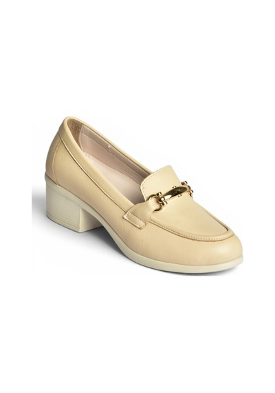 Fox Shoes Y555592003 Bej Hakiki Deri Kalın Alçak Topuklu Kadın Ayakkabı