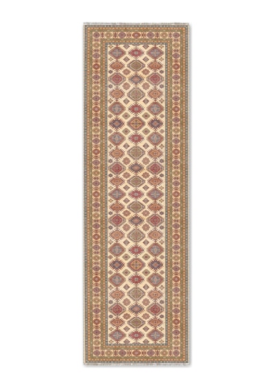 Otantik Geometrik Desenli Saçaklı Yolluk Halı Krem Turkuaz 3057 Yeşil